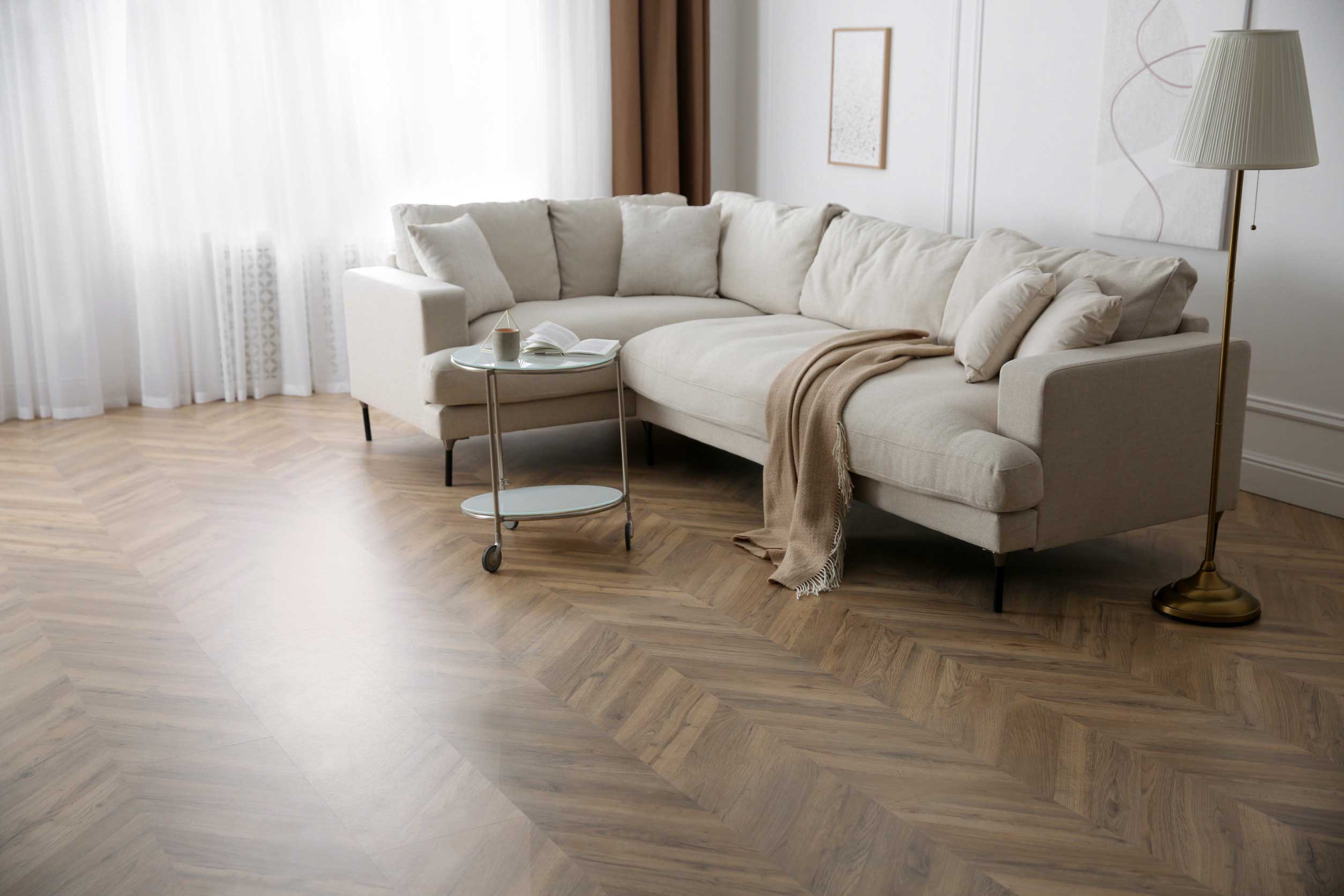 Hardwood flooring in a living room.